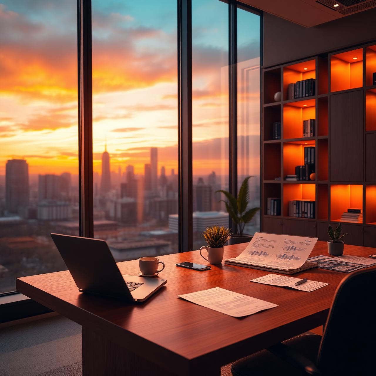 Modern accountant's office at golden hour with city views