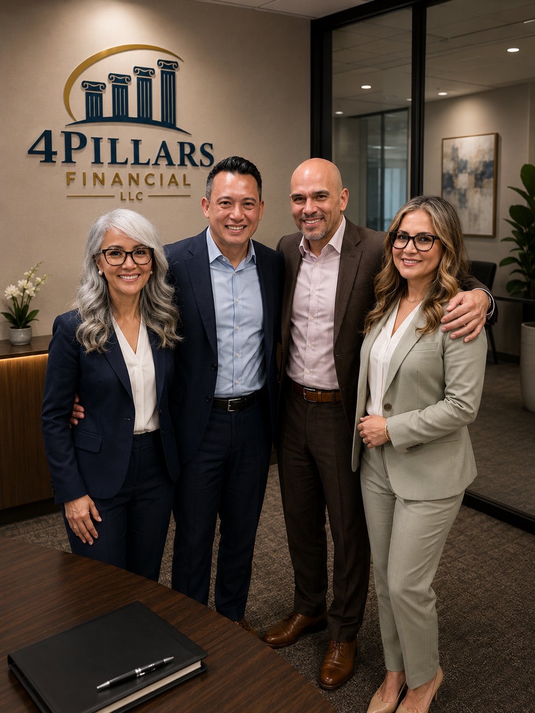 Three financial advisors collaborating around a tablet